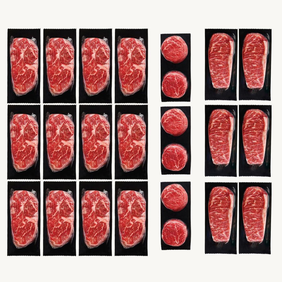Premium ranch-raised steak bundle box with ribeye, new york, and tenderloin steaks